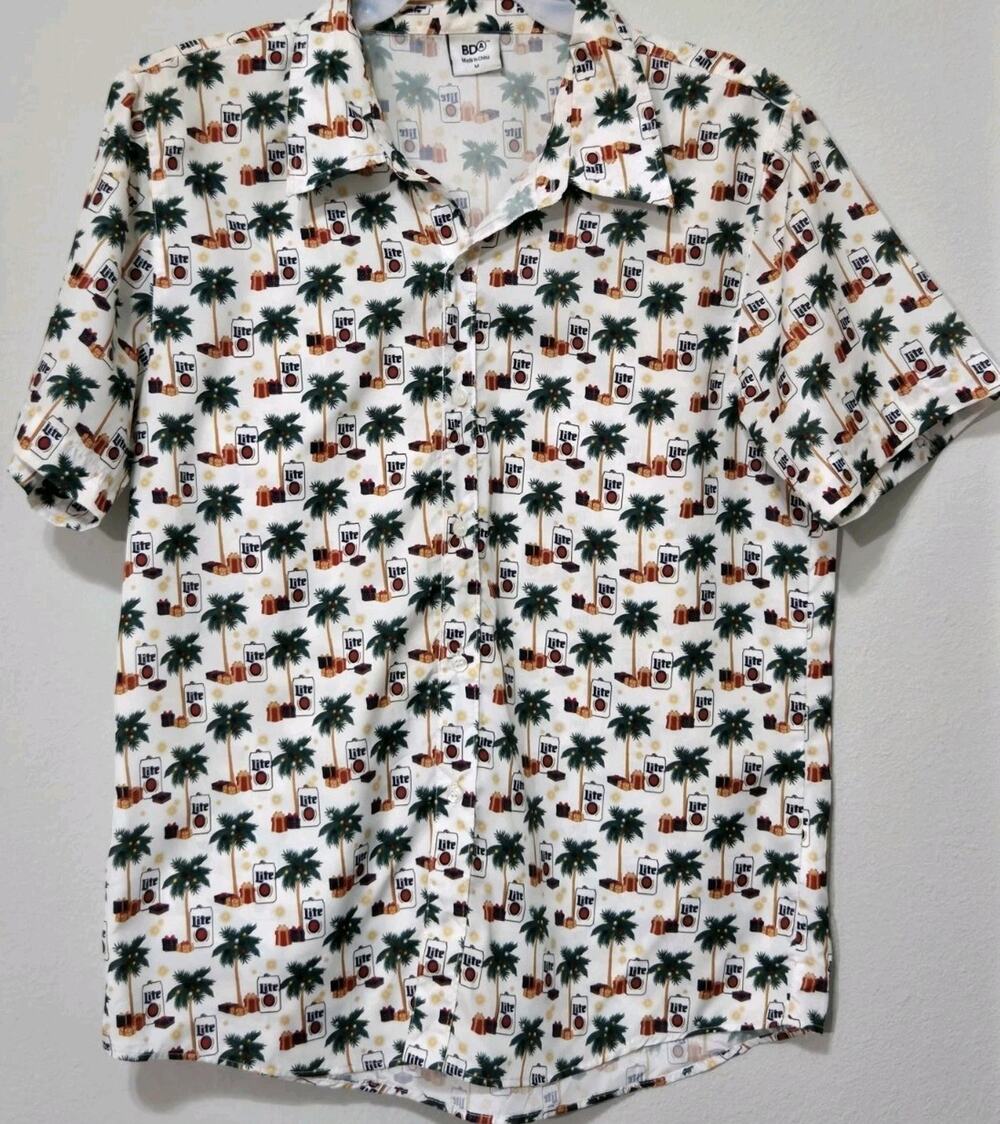 Miller Lite Mens M Christmas Hawaiian Shirt Palm Trees Beer Holiday Button Up